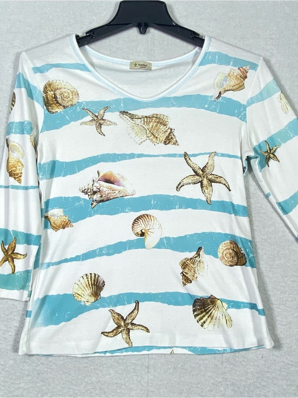 Cactus Nautical Striped Beach Top Women M Seashells Starfish Conch V-Neck Bling - Picture 2 of 11